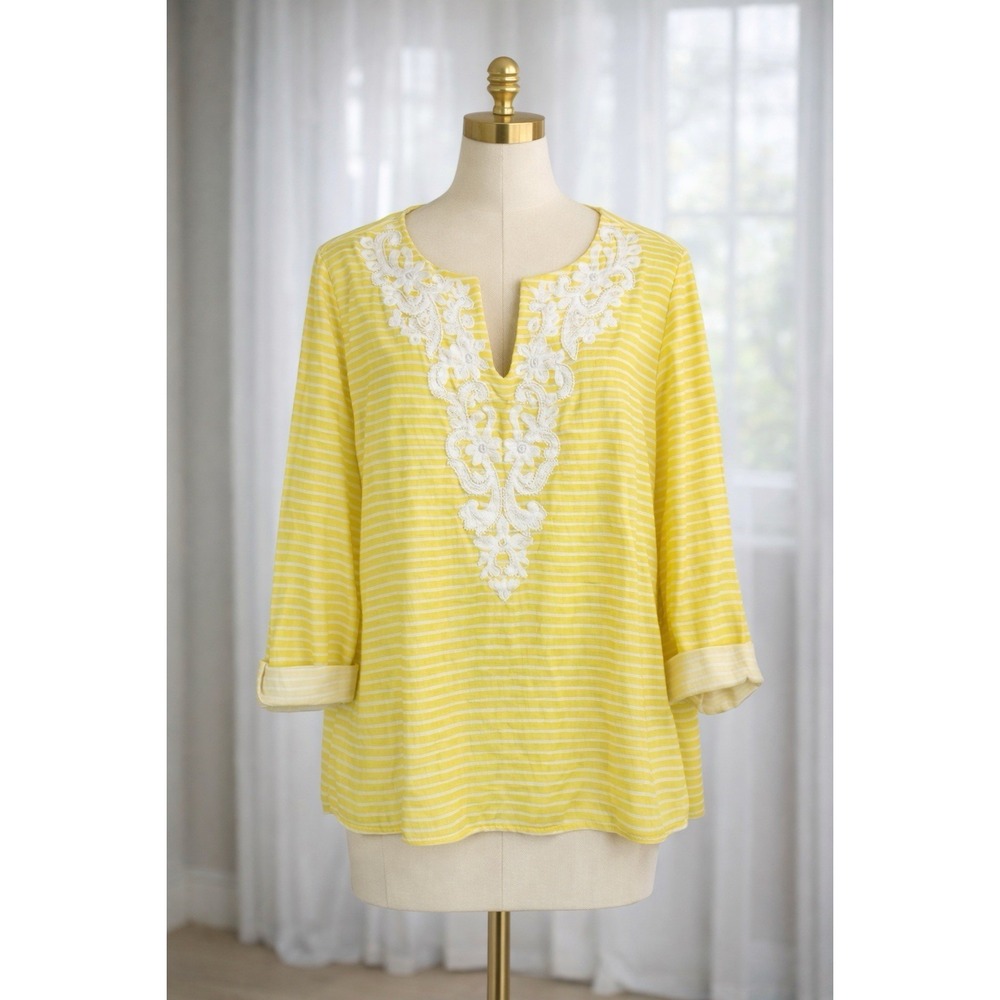 Talbots 100% Linen Pullover Top Blouse Beaded Embroidery‎ Breathable Size XLP